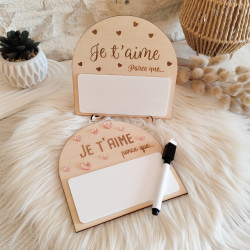 Pancarte en bois gravée au laser “Je t’aime parce que…”