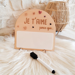 Pancarte en bois gravée au laser “Je t’aime parce que…”