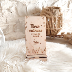 Support téléphone fleurs - gravure bois - Maitresse, nounou, Atsem