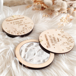 Miroir de poche personnalisé en bois gravé - Champs de fleurs – Cadeau Maîtresse, ATSEM ou Nounou