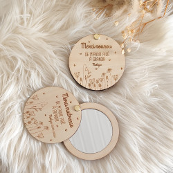 Miroir de poche personnalisé en bois gravé - Champs de fleurs – Cadeau Maîtresse, ATSEM ou Nounou