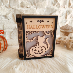 Livre lanterne d’Halloween en bois – Gravure laser artisanale