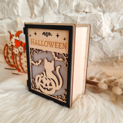 Livre lanterne d’Halloween en bois – Gravure laser artisanale