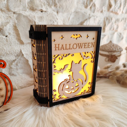 Livre lanterne d’Halloween en bois – Gravure laser artisanale