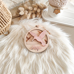 Boule de Noël “Colibri d’Espoir” – Bois Gravé & Miroir Rose