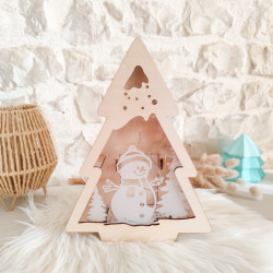 Lanterne Sapin en Bois Gravé et Plexi Transparent "Bonhomme de Neige"