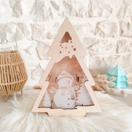 Lanterne Sapin en Bois Gravé et Plexi Transparent "Bonhomme de Neige"