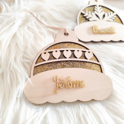 Boule de Noël Bonnet en Bois & Acrylique Doré – Personnalisable
