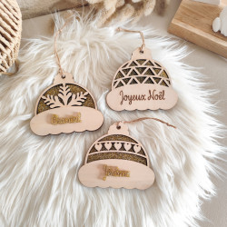 Boule de Noël Bonnet en Bois & Acrylique Doré – Personnalisable