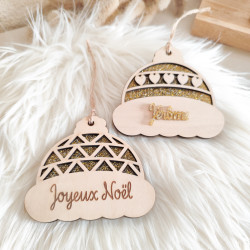 Boule de Noël Bonnet en Bois & Acrylique Doré – Personnalisable