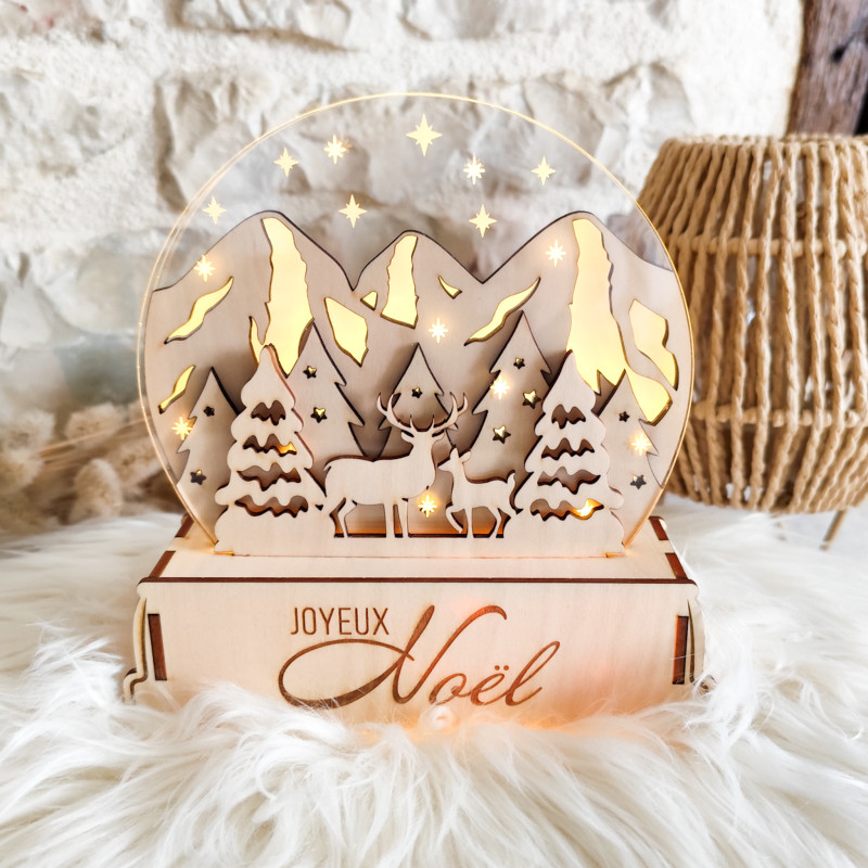 Lanterne Paysage de Noël – gravure bois & Acrylique Transparente