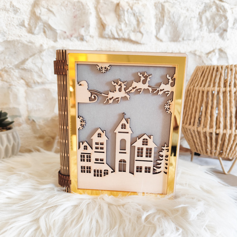 Lanterne livre en bois gravé “Esprit de Noël”