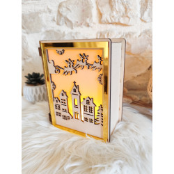 Lanterne livre en bois gravé “Esprit de Noël”