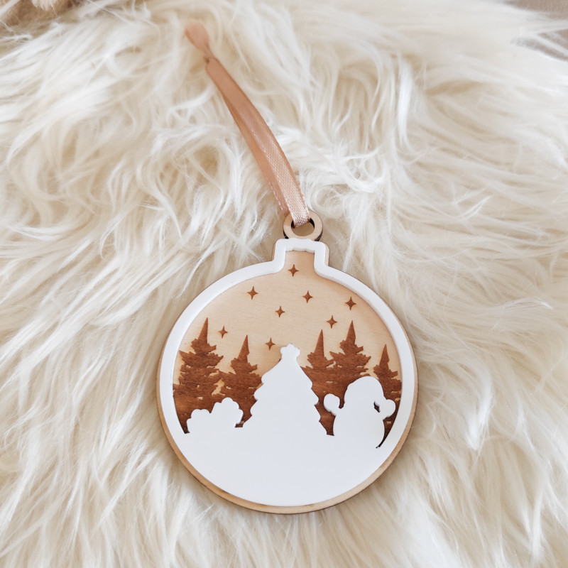 Boule de Noël en Bois et Acrylique Blanche - Paysage de Noël Artisanal